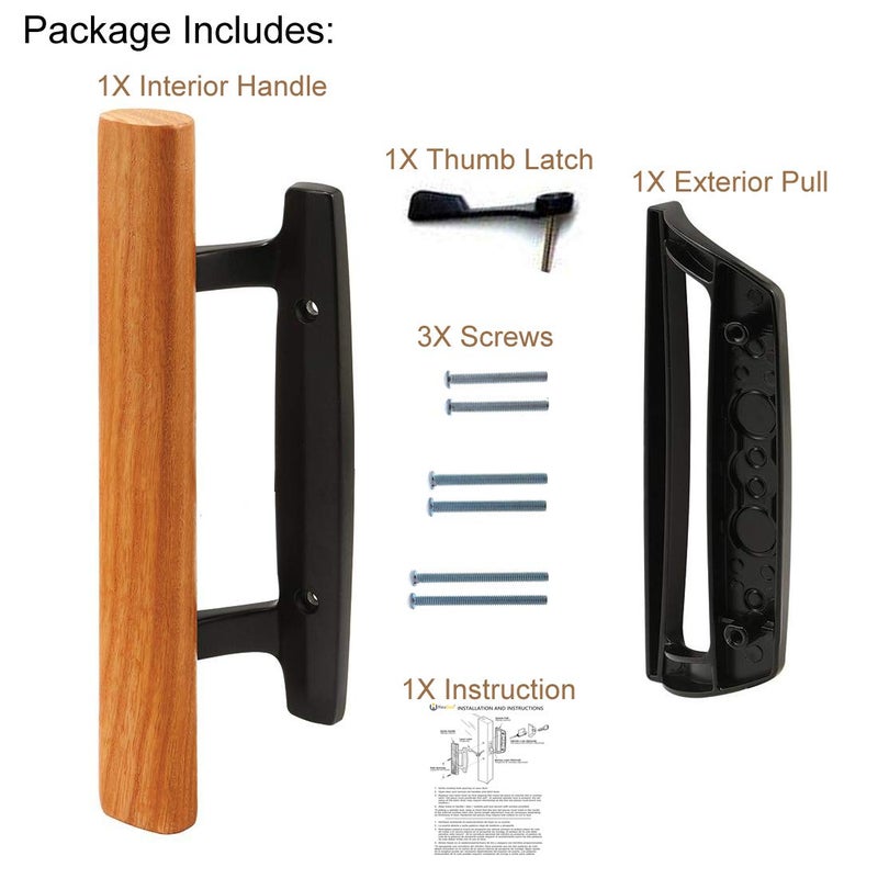 HauSun Mortise Style Reversible Sliding Patio Door Handle Set with Oak Wood Interior Handle and Exterior Pull in White Diecast Finish Fits 3-15/16â€ Screw Hole Spacing, Non-keyed with Latch Locks (Black) - Image 3